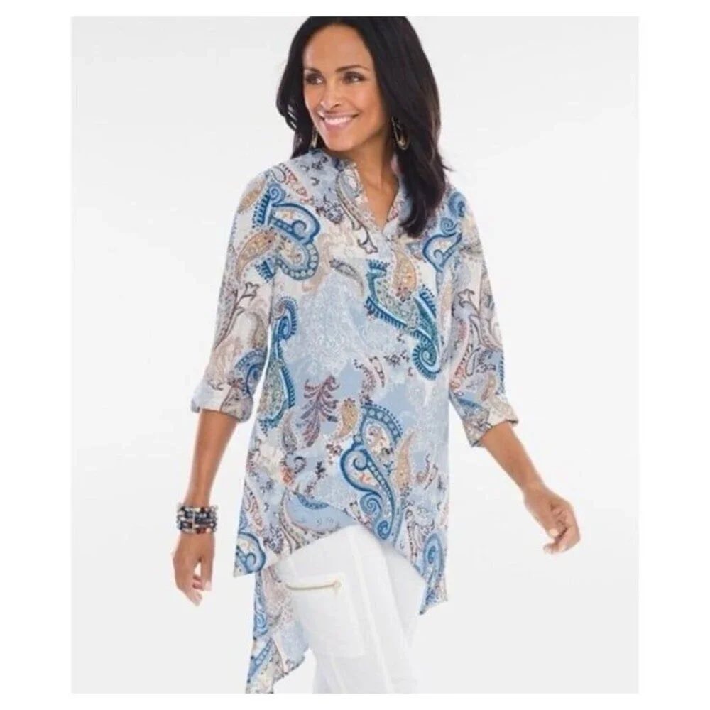 Chicos Blue Paisley Asymmetrical Sharkbite Hem Tunic Blouse Top Size 1 Medium
